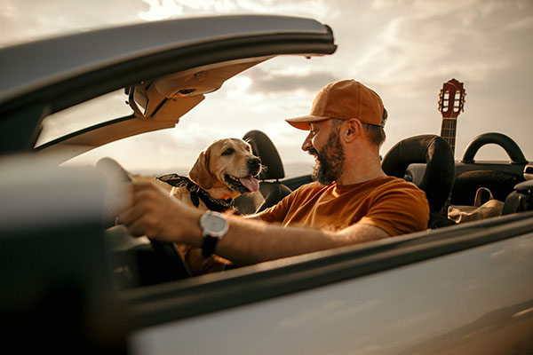 Man in new car with dog